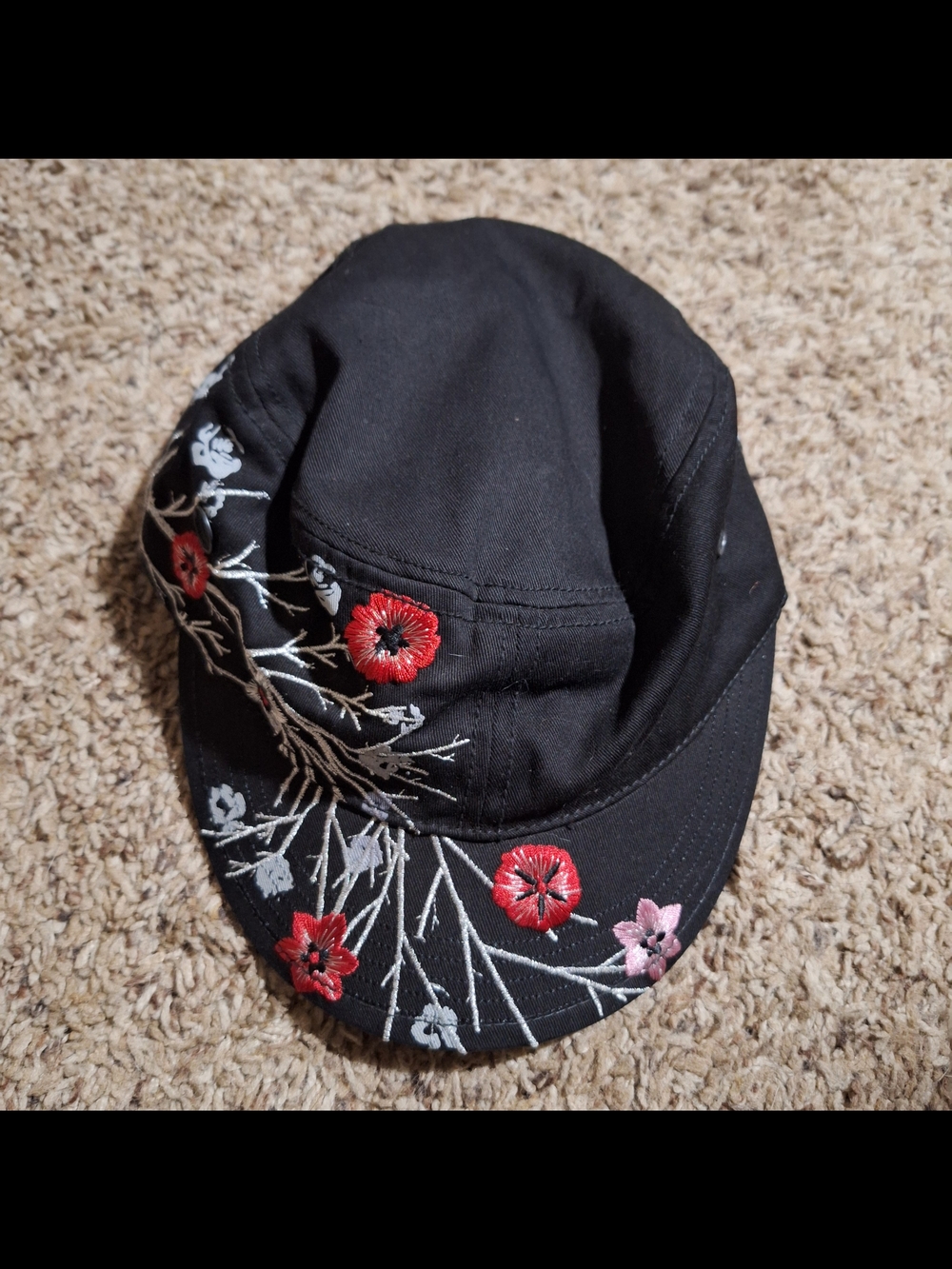 Scala Pronto Black Floral Cherry Blossom Cadet Cap - Y2K Style